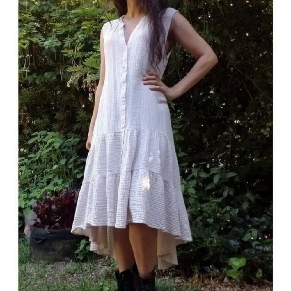 Drew Josephine Tiered Button Down Cotton Shirtdress Midi